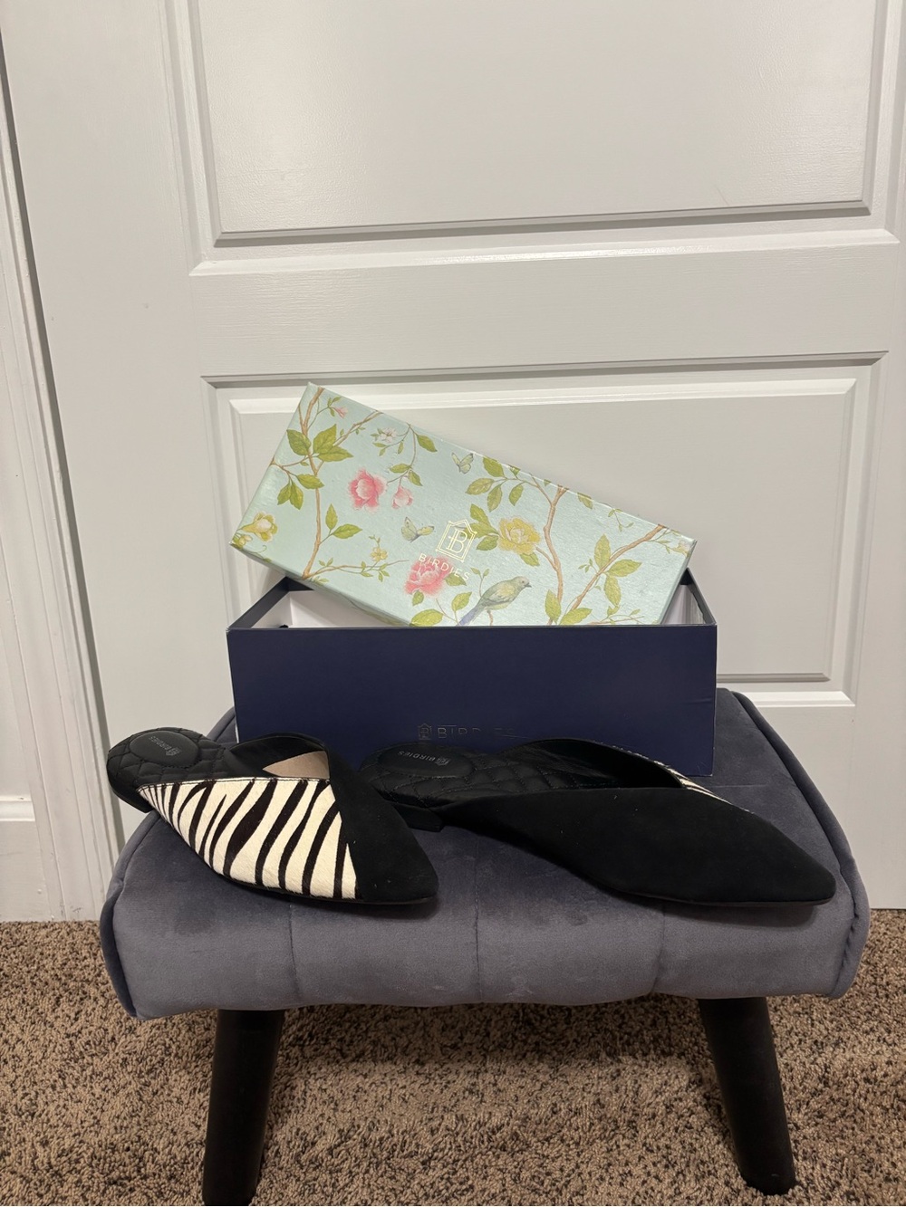 Birdies Women’s Pointed Zebra & Black Slip-On Flats